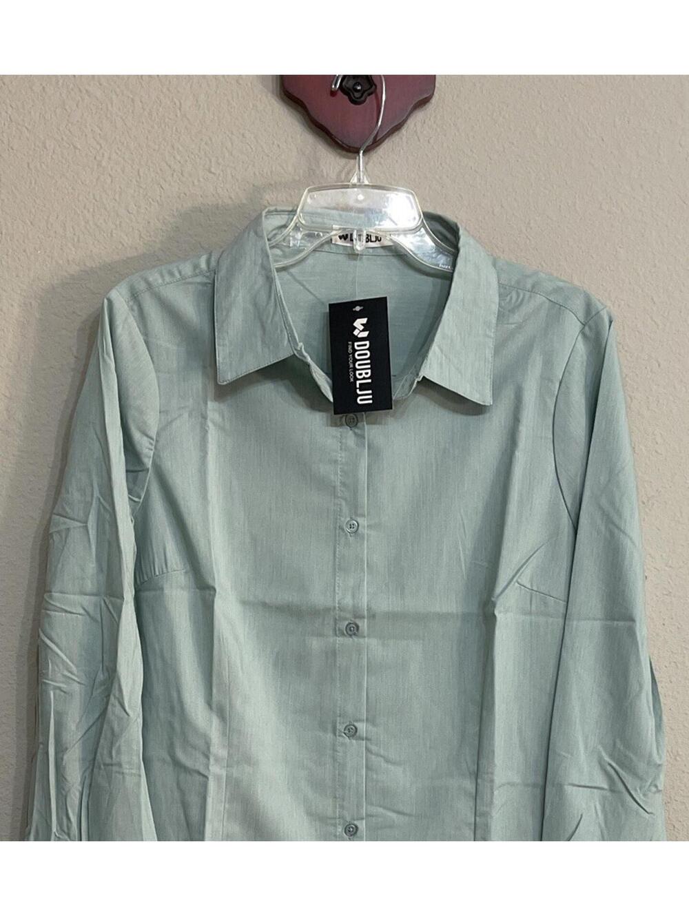 Doublju Women’s XL Mint Green Button-Up Collared Long-Sleeved Blouse NWT! A3002 - Picture 2 of 4